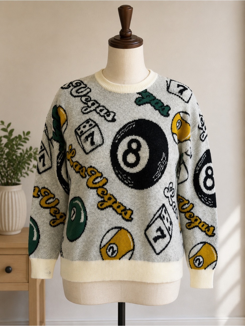 Las Vegas Casino 8 Ball Dice Graphic Knit Sweater Size M Wool Blend